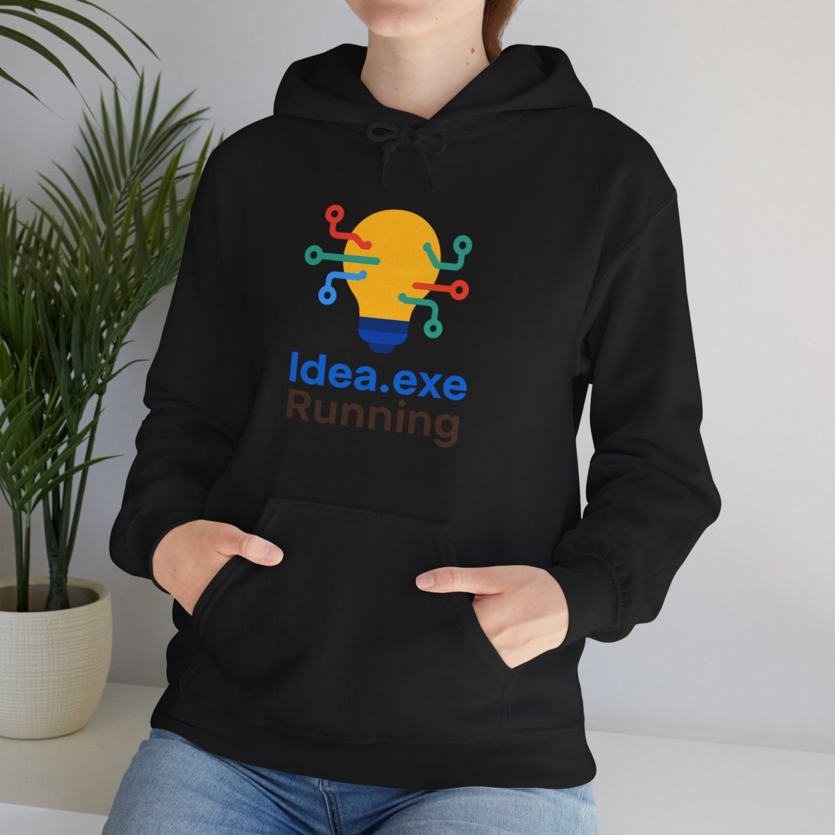 "Idea.exe Running" Unisex Heavy Blend™ Hooded Sweatshirt - Witty Tech Apparel, Vibrant Color Digital - Era Inspired Design - AI Tee Hero