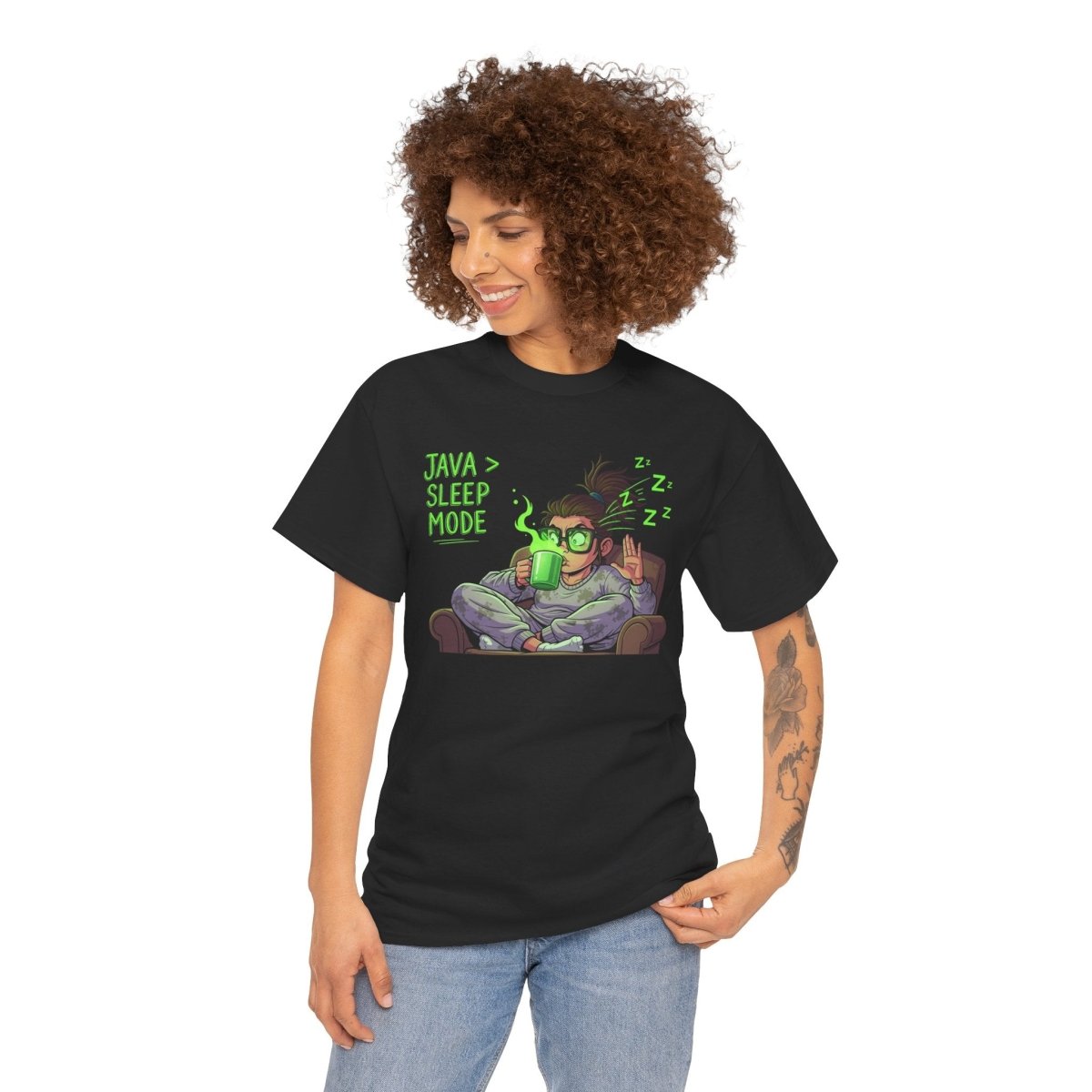 "Java > Sleep Mode" CW - 1 Unisex Heavy Cotton Tee, Casual Wear, Gift for Coffee Lovers, Relaxation Shirt, Graphic Tee for Holidays - AI Tee Hero