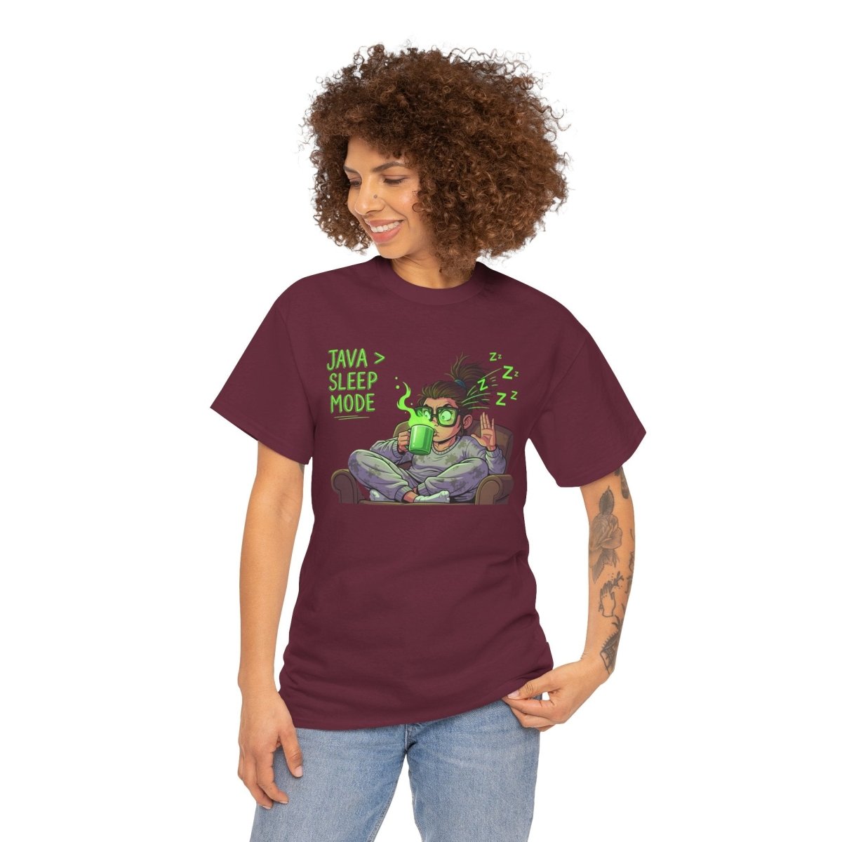 "Java > Sleep Mode" CW - 1 Unisex Heavy Cotton Tee, Casual Wear, Gift for Coffee Lovers, Relaxation Shirt, Graphic Tee for Holidays - AI Tee Hero