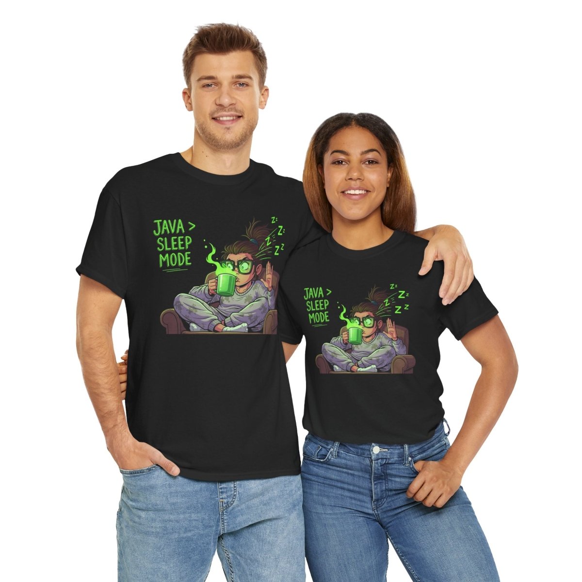 "Java > Sleep Mode" CW - 1 Unisex Heavy Cotton Tee, Casual Wear, Gift for Coffee Lovers, Relaxation Shirt, Graphic Tee for Holidays - AI Tee Hero