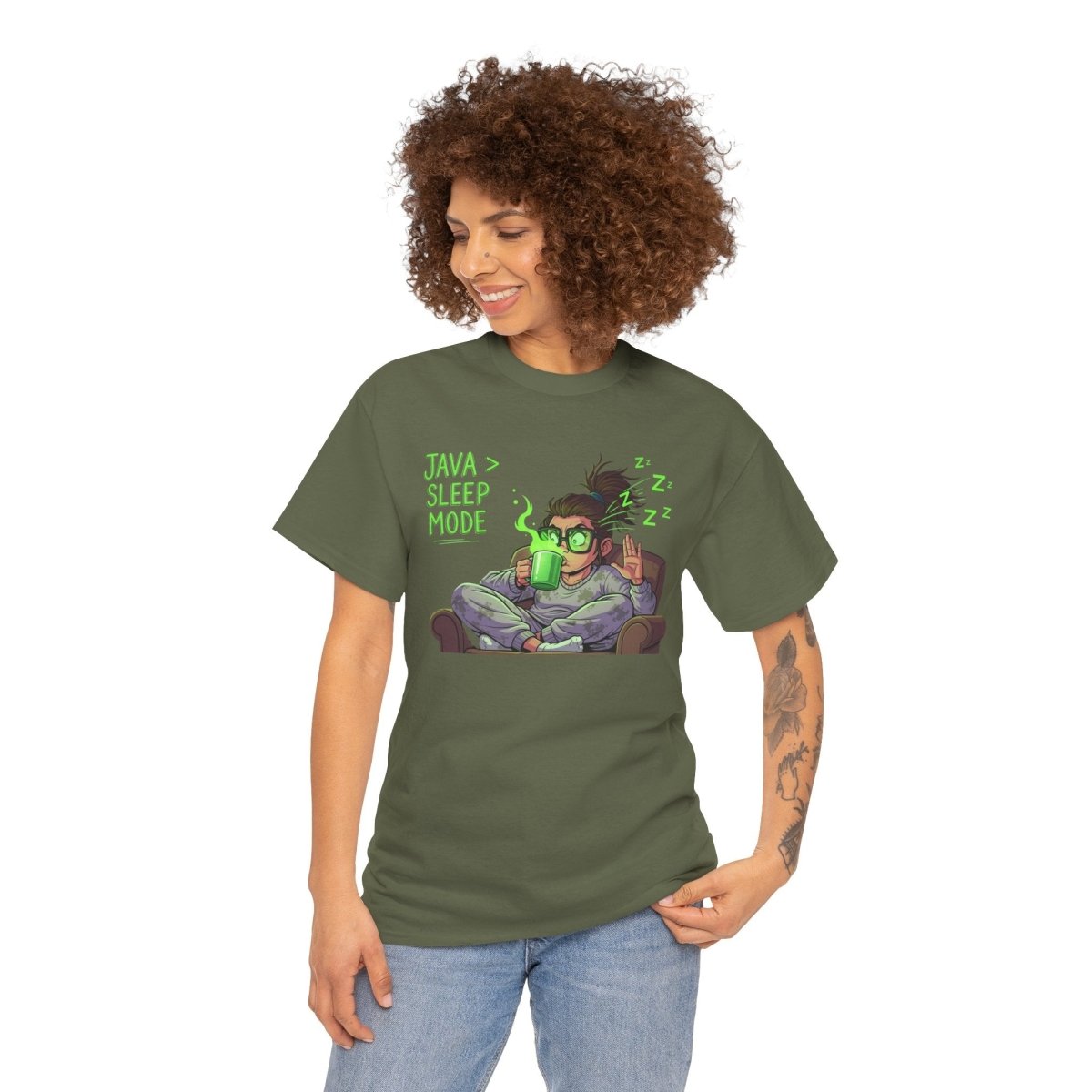 "Java > Sleep Mode" CW - 1 Unisex Heavy Cotton Tee, Casual Wear, Gift for Coffee Lovers, Relaxation Shirt, Graphic Tee for Holidays - AI Tee Hero