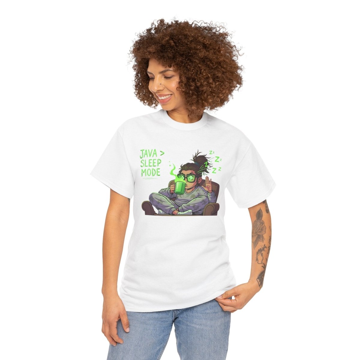 "Java > Sleep Mode" CW - 1 Unisex Heavy Cotton Tee, Casual Wear, Gift for Coffee Lovers, Relaxation Shirt, Graphic Tee for Holidays - AI Tee Hero
