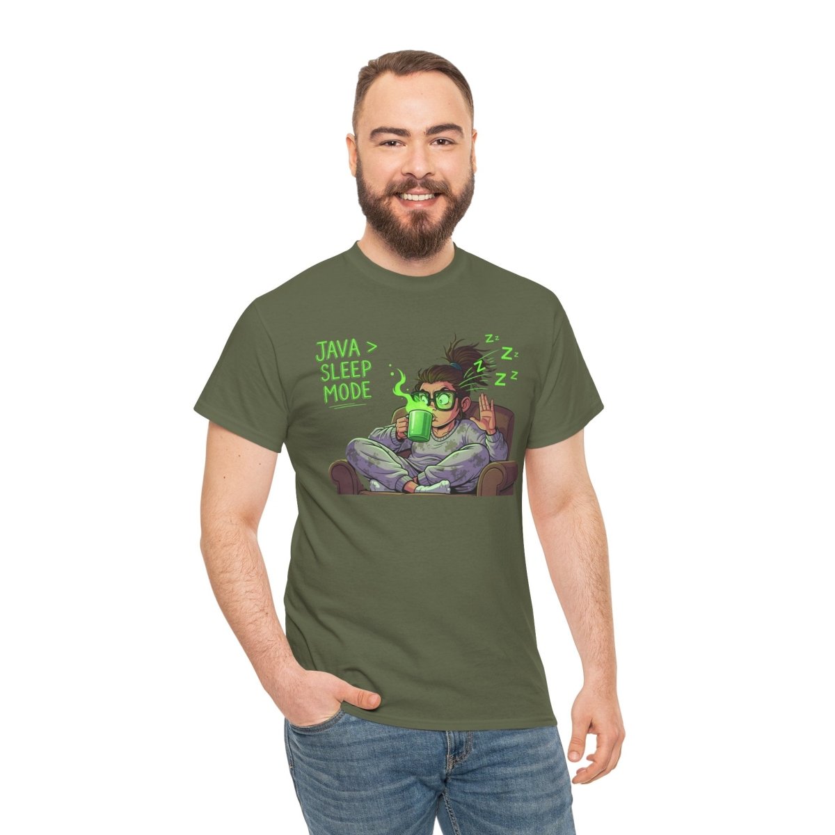 "Java > Sleep Mode" CW - 1 Unisex Heavy Cotton Tee, Casual Wear, Gift for Coffee Lovers, Relaxation Shirt, Graphic Tee for Holidays - AI Tee Hero