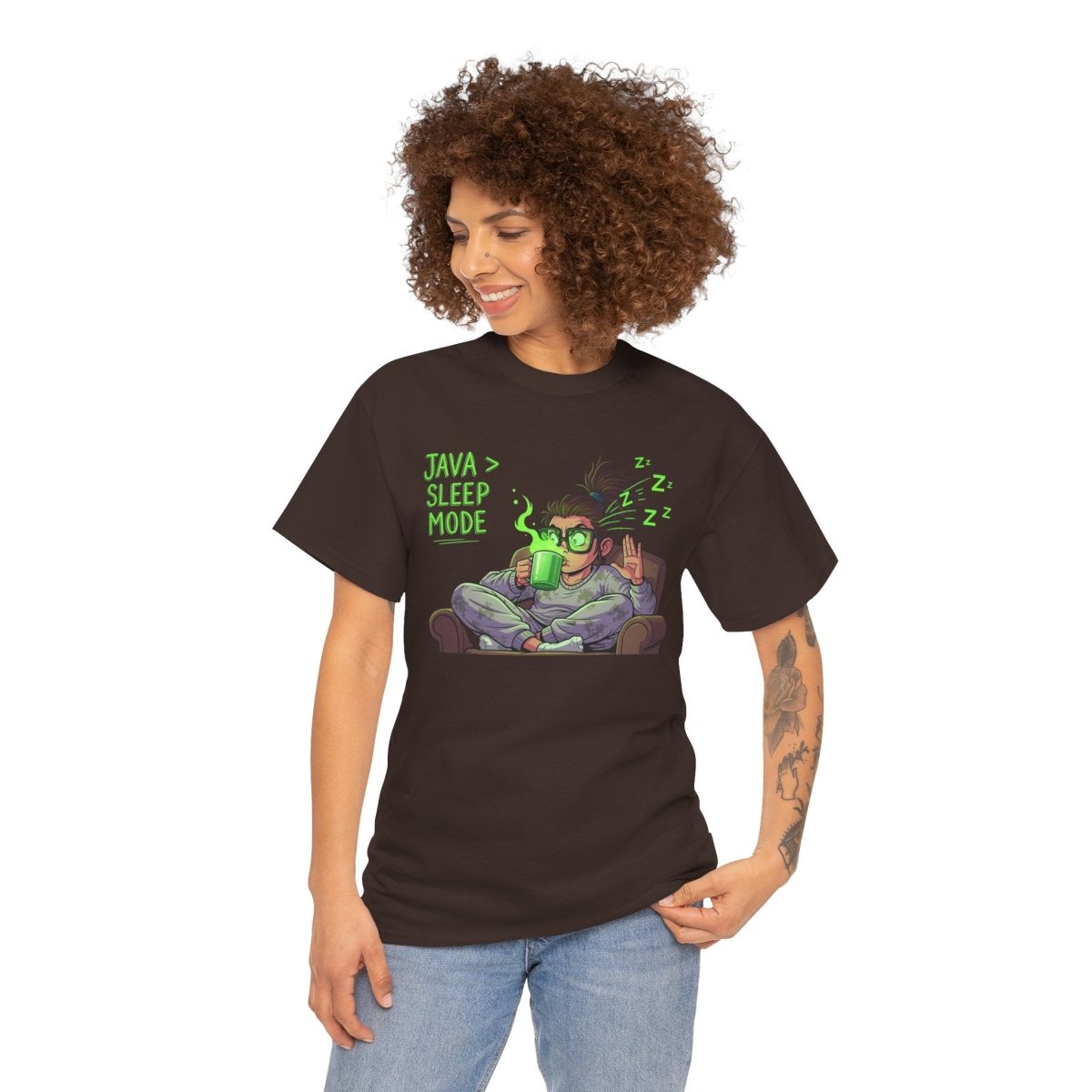 "Java > Sleep Mode" CW - 1 Unisex Heavy Cotton Tee, Casual Wear, Gift for Coffee Lovers, Relaxation Shirt, Graphic Tee for Holidays - AI Tee Hero