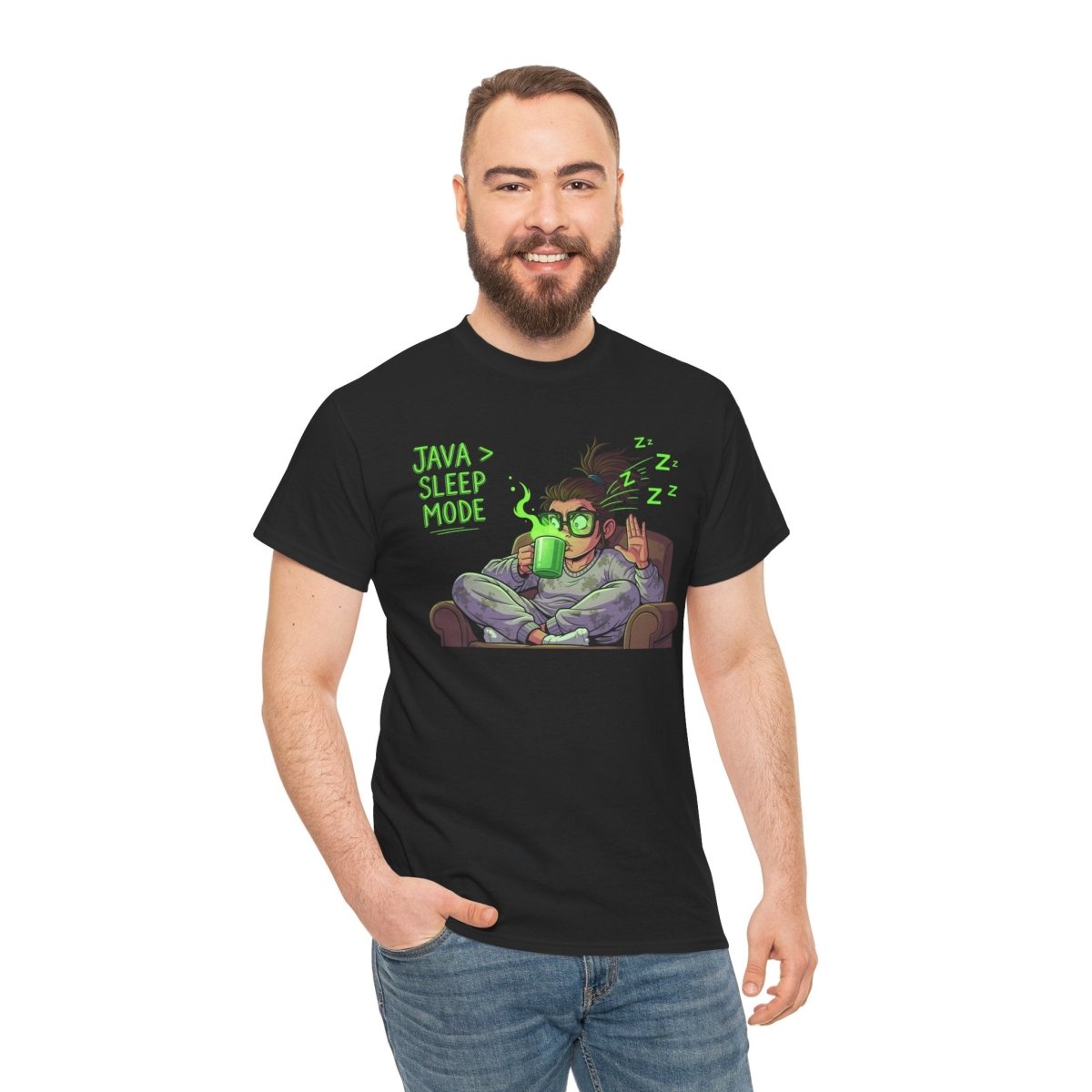 "Java > Sleep Mode" CW - 1 Unisex Heavy Cotton Tee, Casual Wear, Gift for Coffee Lovers, Relaxation Shirt, Graphic Tee for Holidays - AI Tee Hero