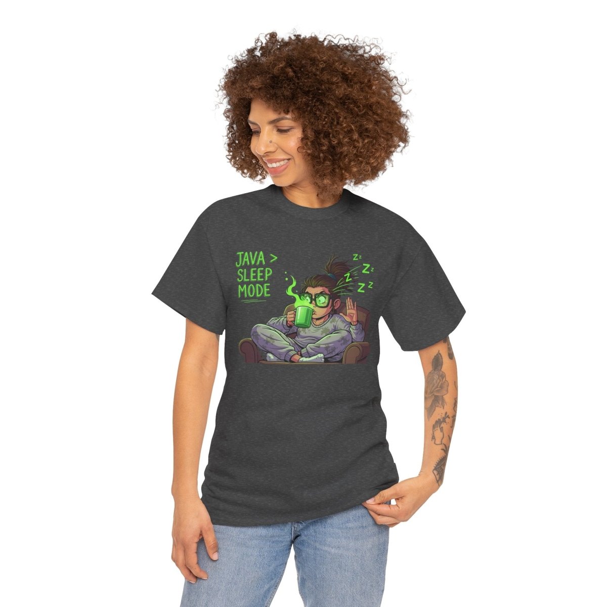 "Java > Sleep Mode" CW - 1 Unisex Heavy Cotton Tee, Casual Wear, Gift for Coffee Lovers, Relaxation Shirt, Graphic Tee for Holidays - AI Tee Hero
