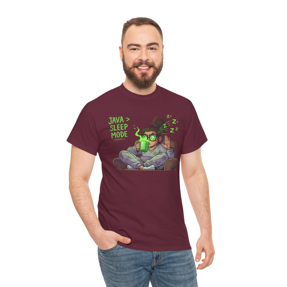 "Java > Sleep Mode" CW - 1 Unisex Heavy Cotton Tee, Casual Wear, Gift for Coffee Lovers, Relaxation Shirt, Graphic Tee for Holidays - AI Tee Hero