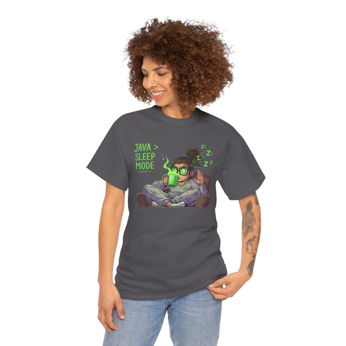 "Java > Sleep Mode" CW - 1 Unisex Heavy Cotton Tee, Casual Wear, Gift for Coffee Lovers, Relaxation Shirt, Graphic Tee for Holidays - AI Tee Hero