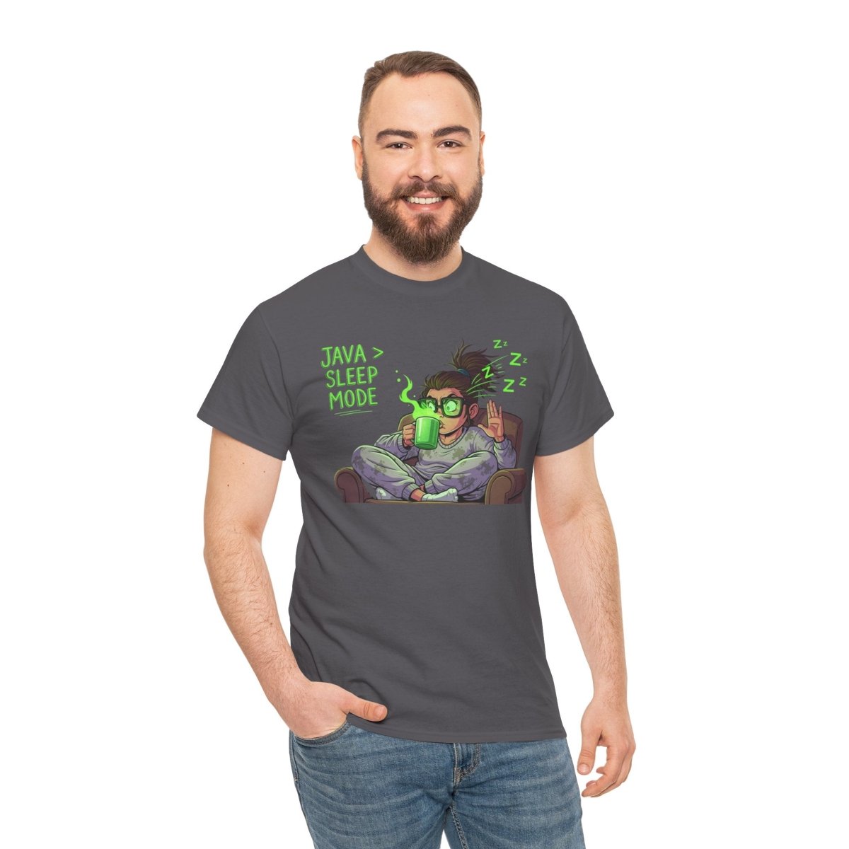 "Java > Sleep Mode" CW - 1 Unisex Heavy Cotton Tee, Casual Wear, Gift for Coffee Lovers, Relaxation Shirt, Graphic Tee for Holidays - AI Tee Hero