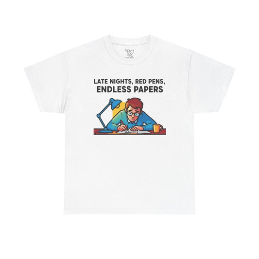 "Late Night, Red Pens, Endless Papers" Teacher's Humor Tee - Late Nights, Red Pens, Endless Papers, Unisex Tee, Gift for Teachers, Classroom Apparel, Back to School Shirt - AI Tee Hero