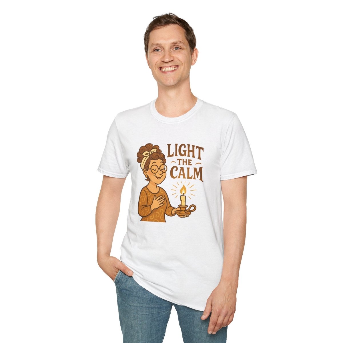 "Light the Calm" Unisex Softstyle Tee, Wellness Apparel, Cozy Gift, Self - Care Shirt, Mindfulness Clothing, Hopeful Message Tee - MINDSet Collection - AI Tee Hero