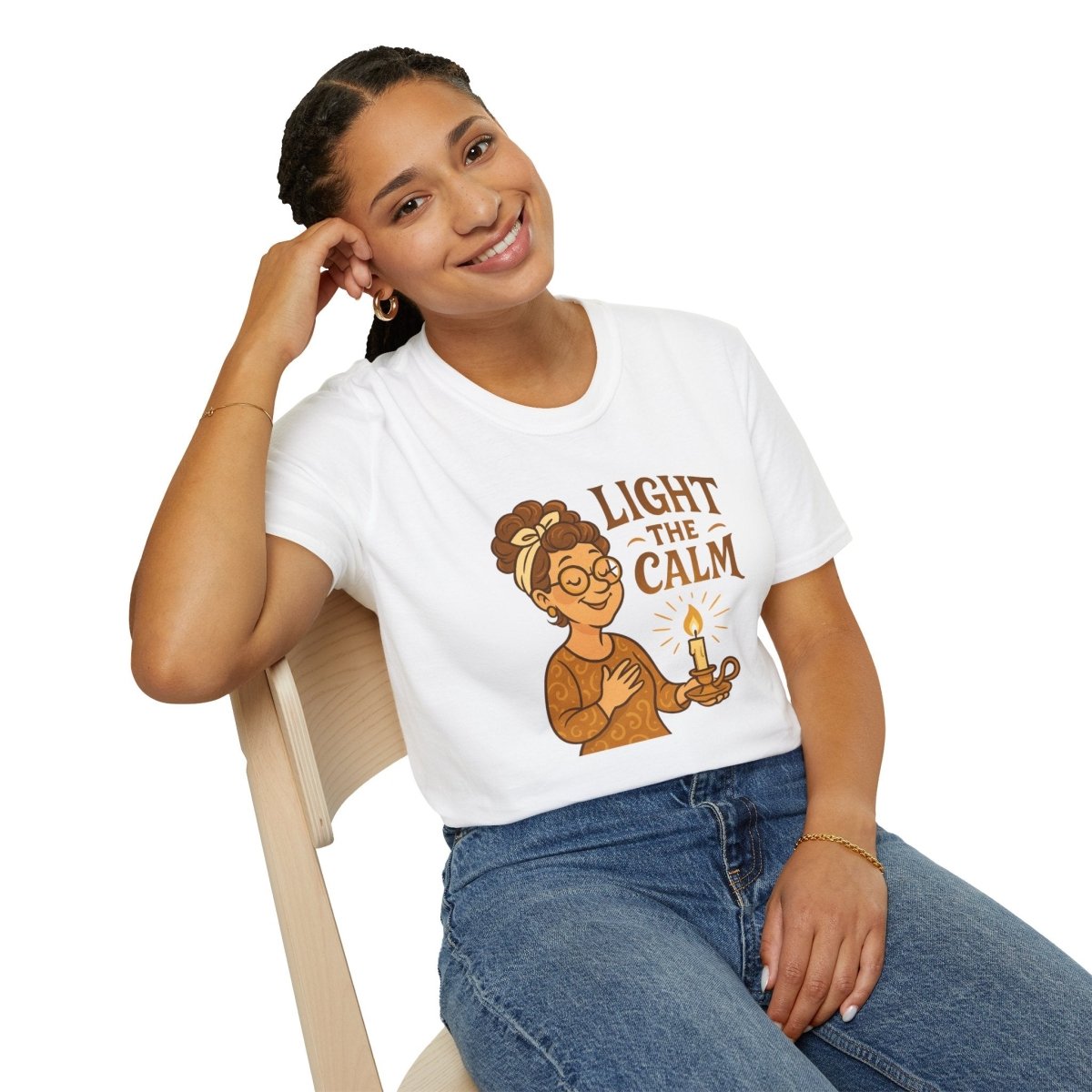 "Light the Calm" Unisex Softstyle Tee, Wellness Apparel, Cozy Gift, Self - Care Shirt, Mindfulness Clothing, Hopeful Message Tee - MINDSet Collection - AI Tee Hero