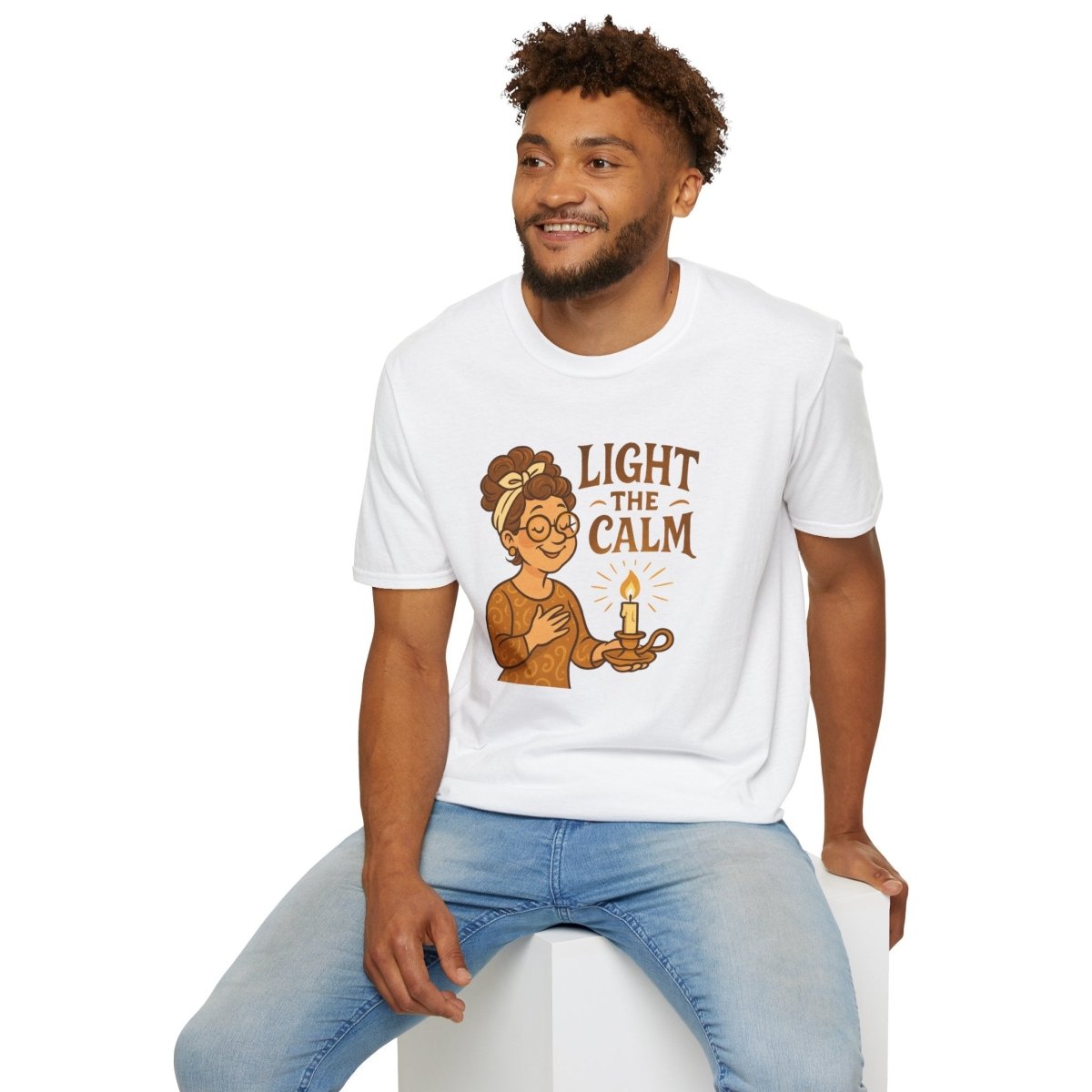 "Light the Calm" Unisex Softstyle Tee, Wellness Apparel, Cozy Gift, Self - Care Shirt, Mindfulness Clothing, Hopeful Message Tee - MINDSet Collection - AI Tee Hero