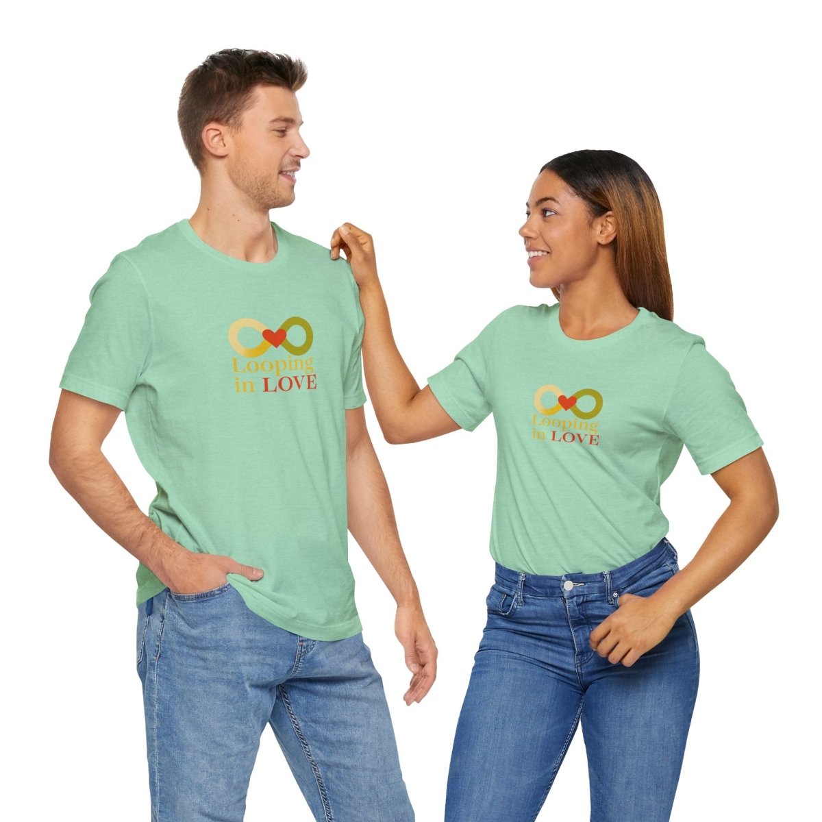 "Looping in LOVE" Unisex Tee | Perfect Gift for Couples, Valentine's Day, Anniversary, Casual Wear, Love Theme CW - 1 Yellow Orange - AI Tee Hero