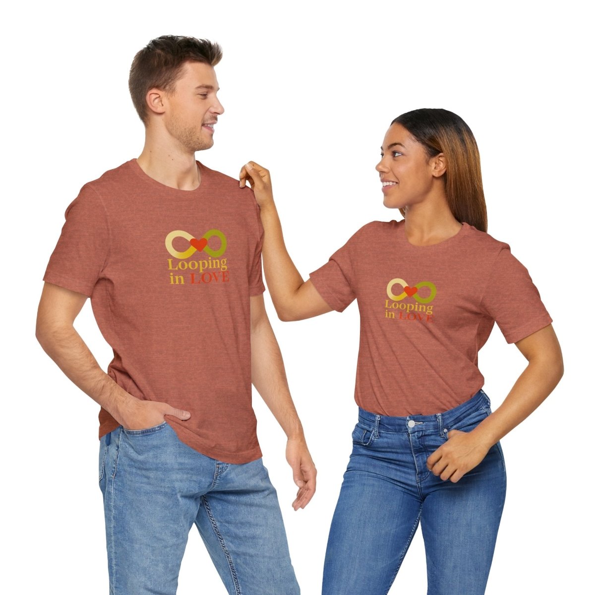 "Looping in LOVE" Unisex Tee | Perfect Gift for Couples, Valentine's Day, Anniversary, Casual Wear, Love Theme CW - 1 Yellow Orange - AI Tee Hero