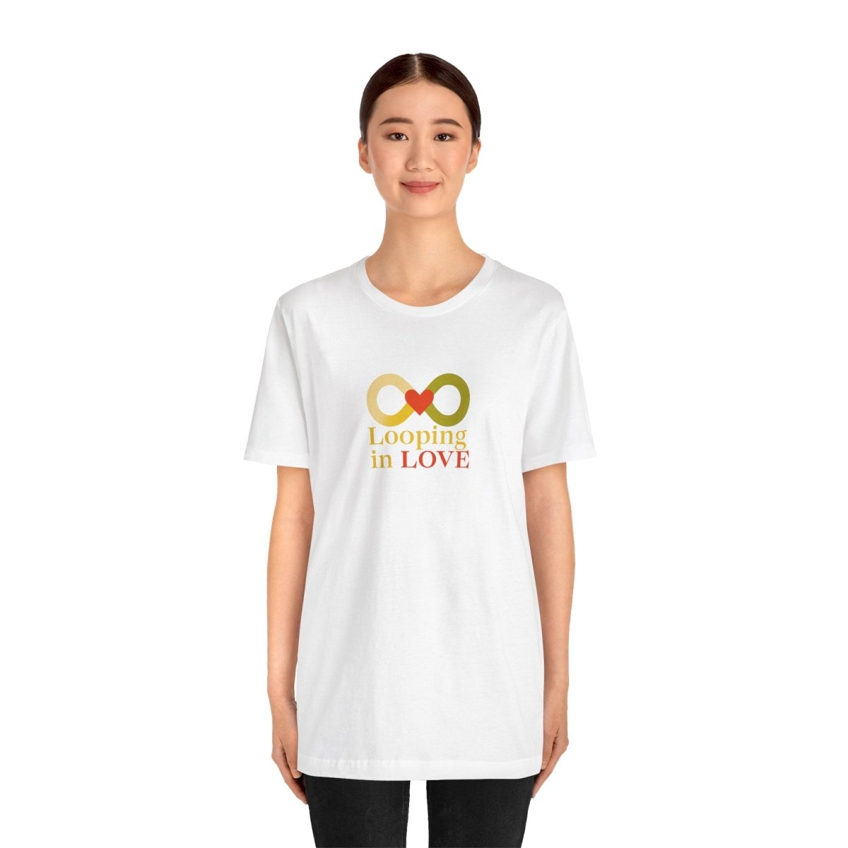 "Looping in LOVE" Unisex Tee | Perfect Gift for Couples, Valentine's Day, Anniversary, Casual Wear, Love Theme CW - 1 Yellow Orange - AI Tee Hero