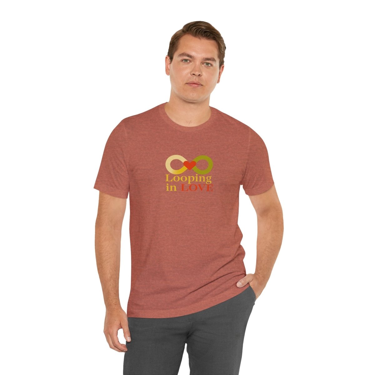 "Looping in LOVE" Unisex Tee | Perfect Gift for Couples, Valentine's Day, Anniversary, Casual Wear, Love Theme CW - 1 Yellow Orange - AI Tee Hero