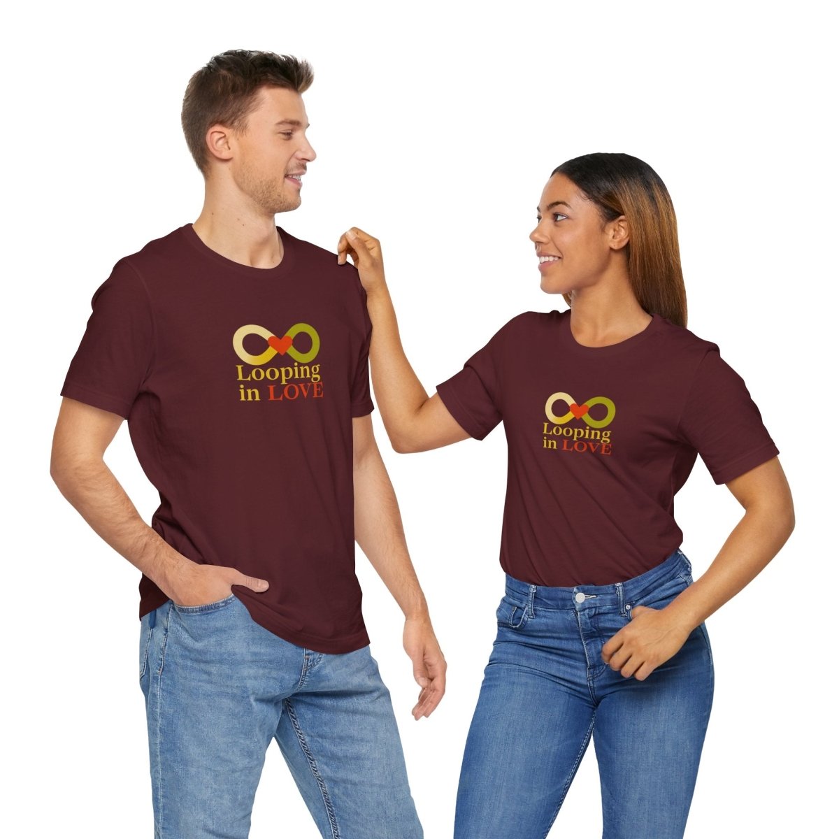 "Looping in LOVE" Unisex Tee | Perfect Gift for Couples, Valentine's Day, Anniversary, Casual Wear, Love Theme CW - 1 Yellow Orange - AI Tee Hero