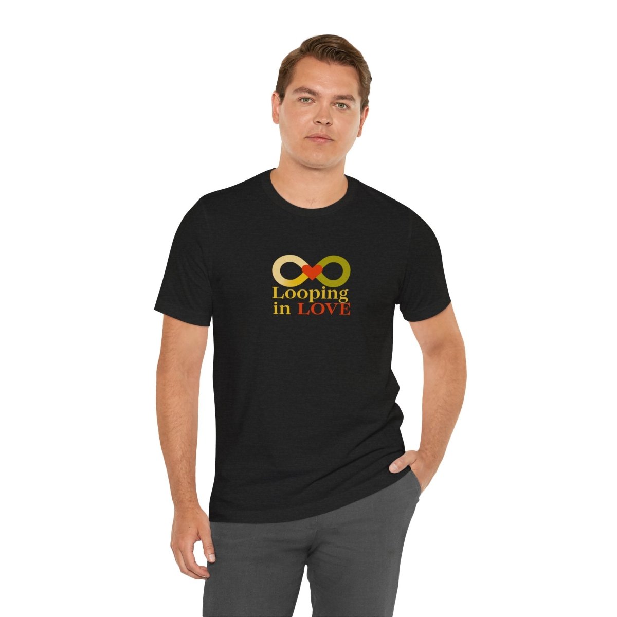 "Looping in LOVE" Unisex Tee | Perfect Gift for Couples, Valentine's Day, Anniversary, Casual Wear, Love Theme CW - 1 Yellow Orange - AI Tee Hero