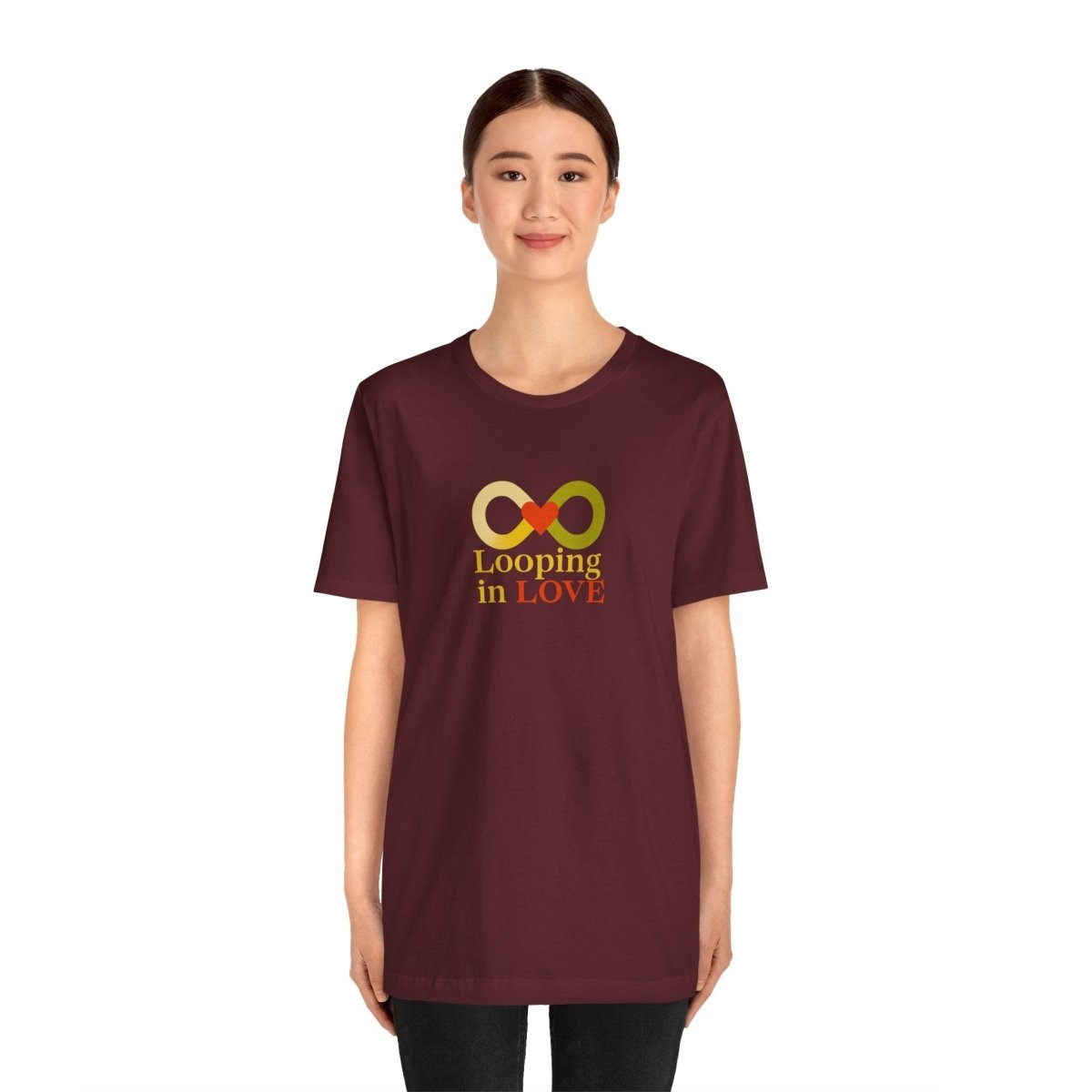 "Looping in LOVE" Unisex Tee | Perfect Gift for Couples, Valentine's Day, Anniversary, Casual Wear, Love Theme CW - 1 Yellow Orange - AI Tee Hero