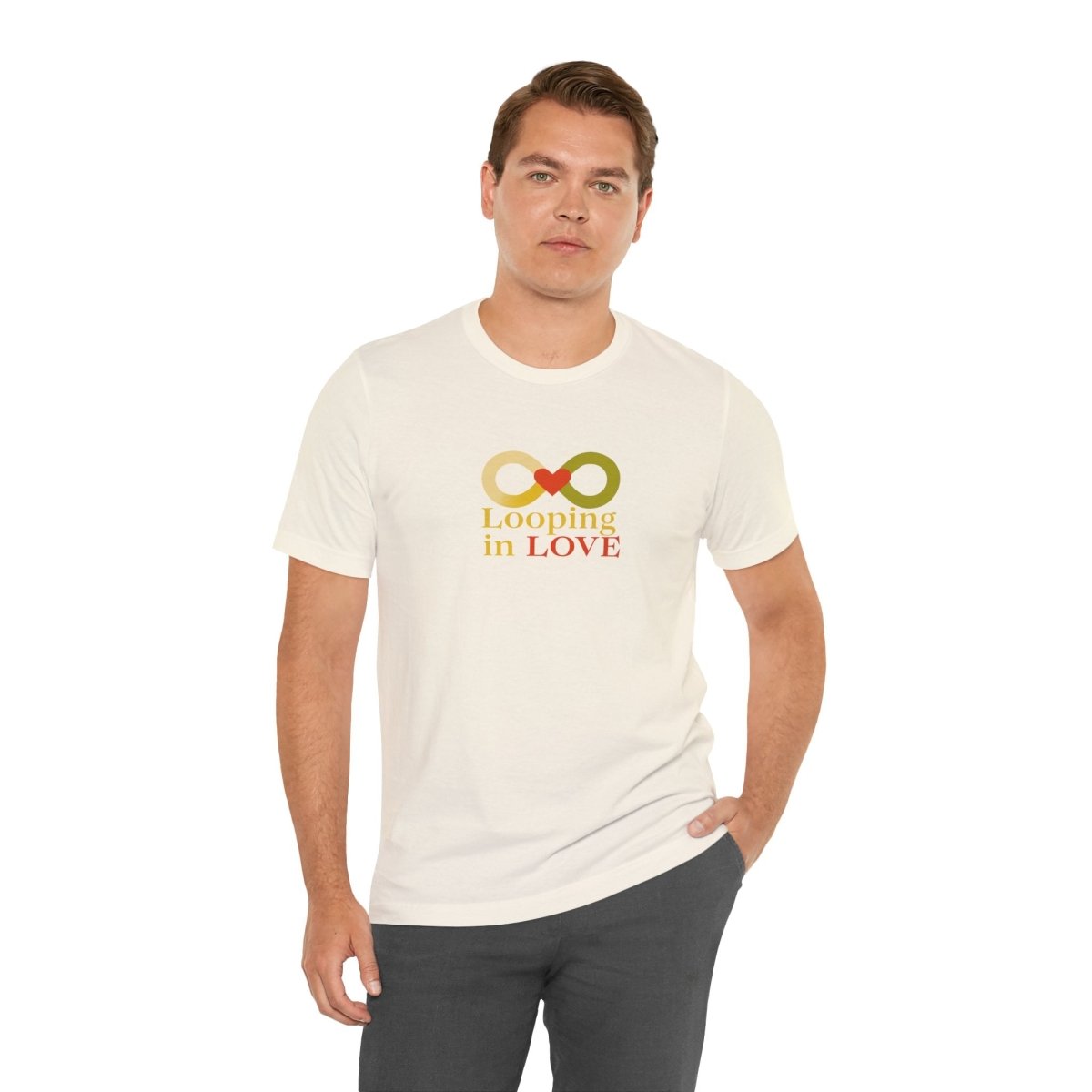 "Looping in LOVE" Unisex Tee | Perfect Gift for Couples, Valentine's Day, Anniversary, Casual Wear, Love Theme CW - 1 Yellow Orange - AI Tee Hero