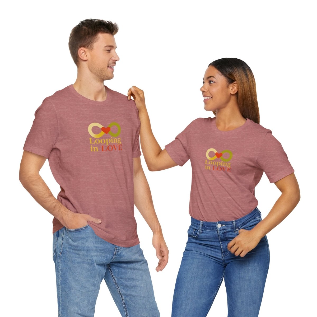 "Looping in LOVE" Unisex Tee | Perfect Gift for Couples, Valentine's Day, Anniversary, Casual Wear, Love Theme CW - 1 Yellow Orange - AI Tee Hero