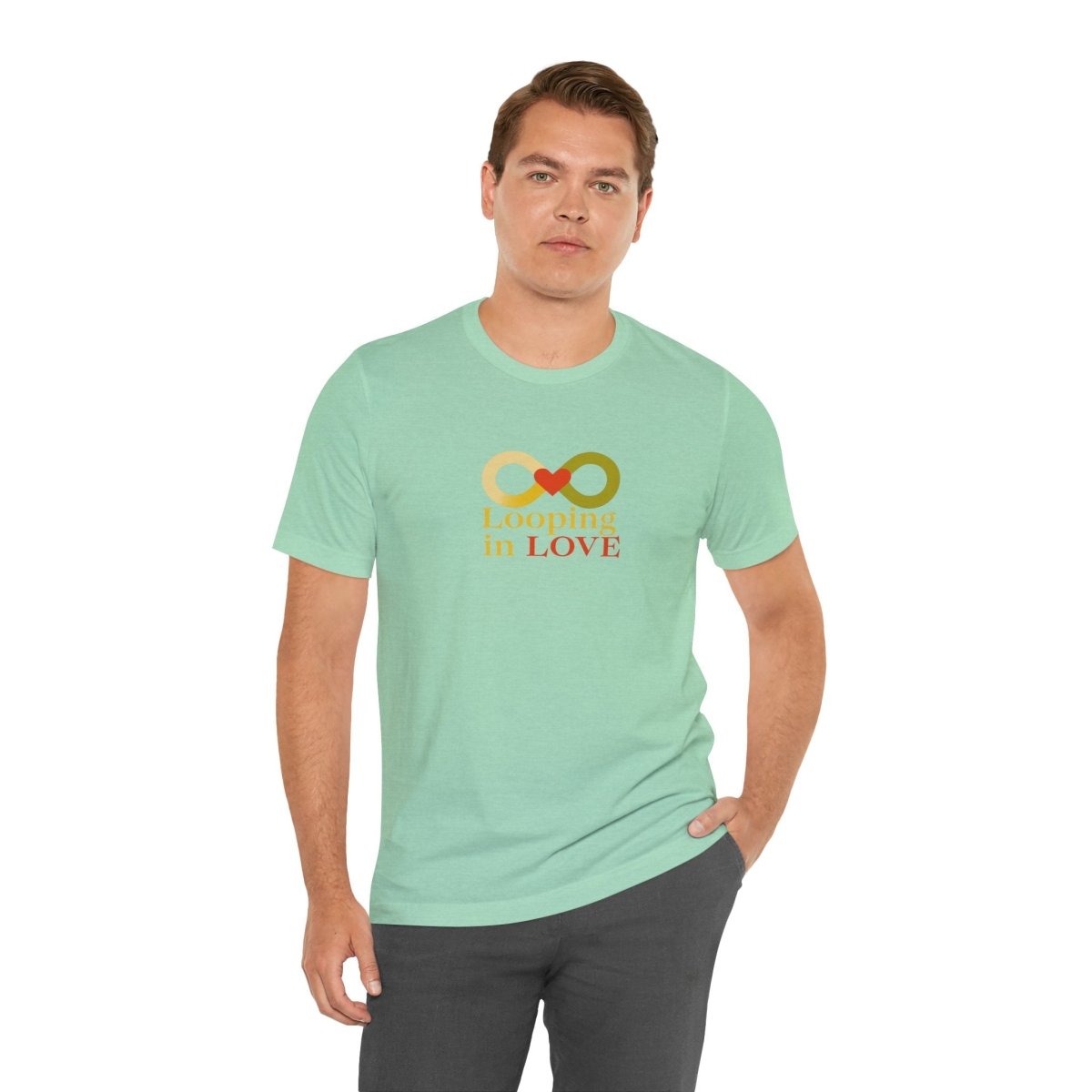 "Looping in LOVE" Unisex Tee | Perfect Gift for Couples, Valentine's Day, Anniversary, Casual Wear, Love Theme CW - 1 Yellow Orange - AI Tee Hero