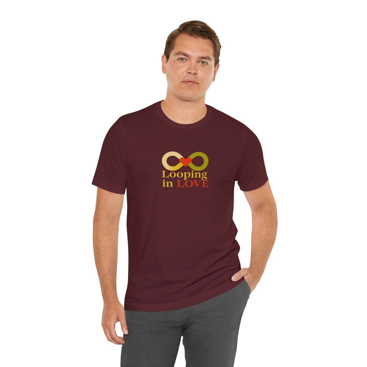 "Looping in LOVE" Unisex Tee | Perfect Gift for Couples, Valentine's Day, Anniversary, Casual Wear, Love Theme CW - 1 Yellow Orange - AI Tee Hero