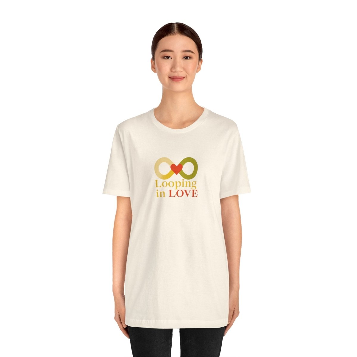 "Looping in LOVE" Unisex Tee | Perfect Gift for Couples, Valentine's Day, Anniversary, Casual Wear, Love Theme CW - 1 Yellow Orange - AI Tee Hero