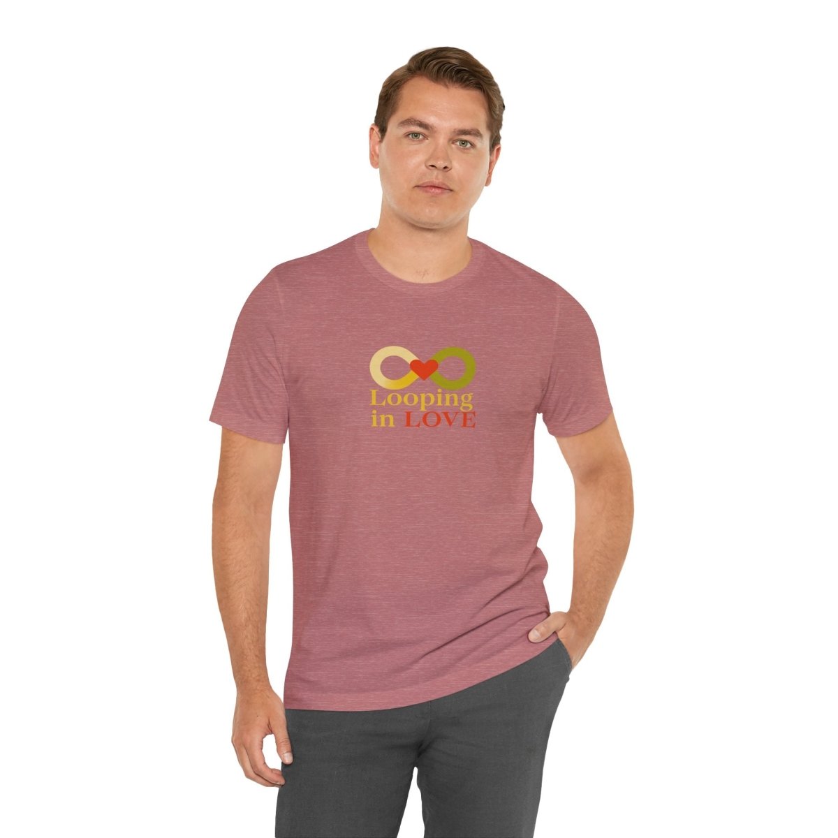 "Looping in LOVE" Unisex Tee | Perfect Gift for Couples, Valentine's Day, Anniversary, Casual Wear, Love Theme CW - 1 Yellow Orange - AI Tee Hero