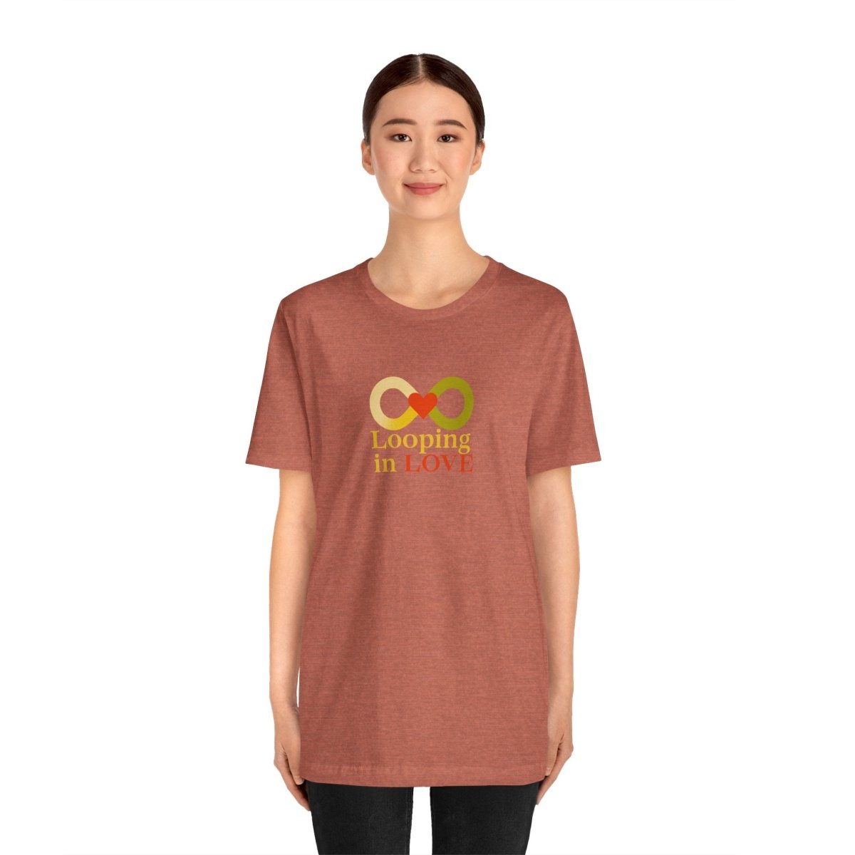 "Looping in LOVE" Unisex Tee | Perfect Gift for Couples, Valentine's Day, Anniversary, Casual Wear, Love Theme CW - 1 Yellow Orange - AI Tee Hero