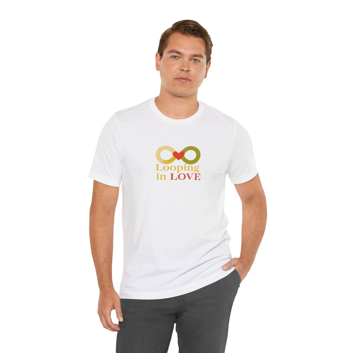 "Looping in LOVE" Unisex Tee | Perfect Gift for Couples, Valentine's Day, Anniversary, Casual Wear, Love Theme CW - 1 Yellow Orange - AI Tee Hero