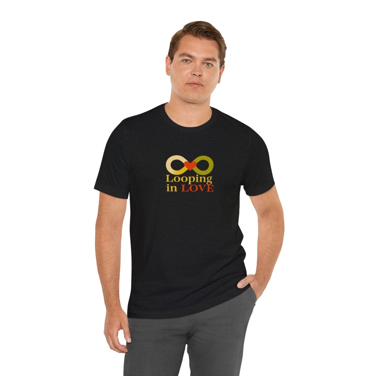 "Looping in LOVE" Unisex Tee | Perfect Gift for Couples, Valentine's Day, Anniversary, Casual Wear, Love Theme CW - 1 Yellow Orange - AI Tee Hero