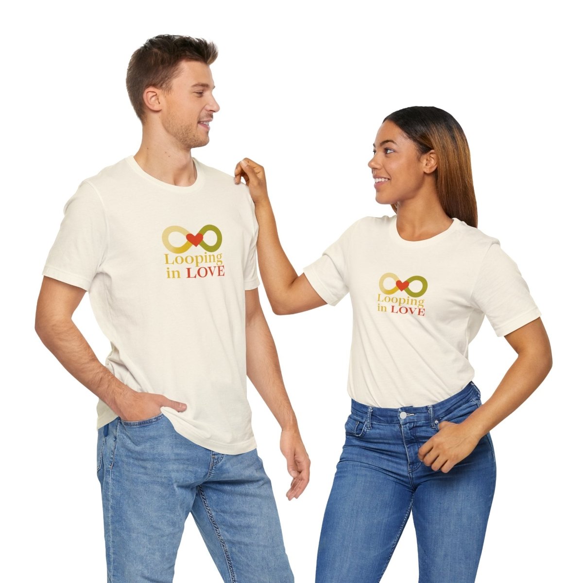 "Looping in LOVE" Unisex Tee | Perfect Gift for Couples, Valentine's Day, Anniversary, Casual Wear, Love Theme CW - 1 Yellow Orange - AI Tee Hero