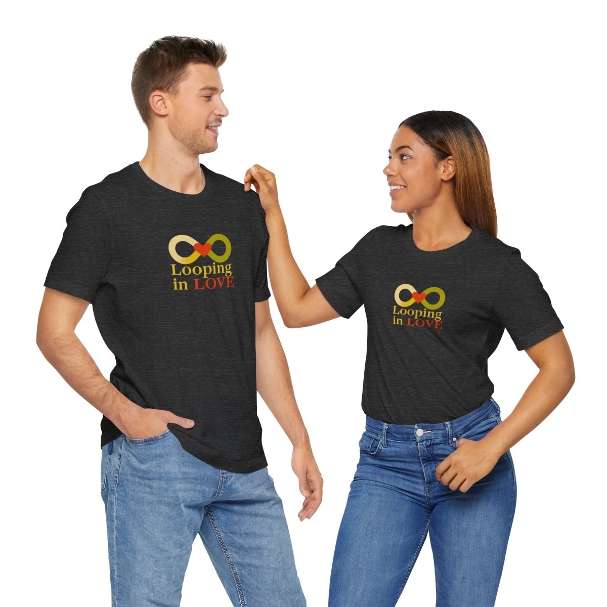"Looping in LOVE" Unisex Tee | Perfect Gift for Couples, Valentine's Day, Anniversary, Casual Wear, Love Theme CW - 1 Yellow Orange - AI Tee Hero