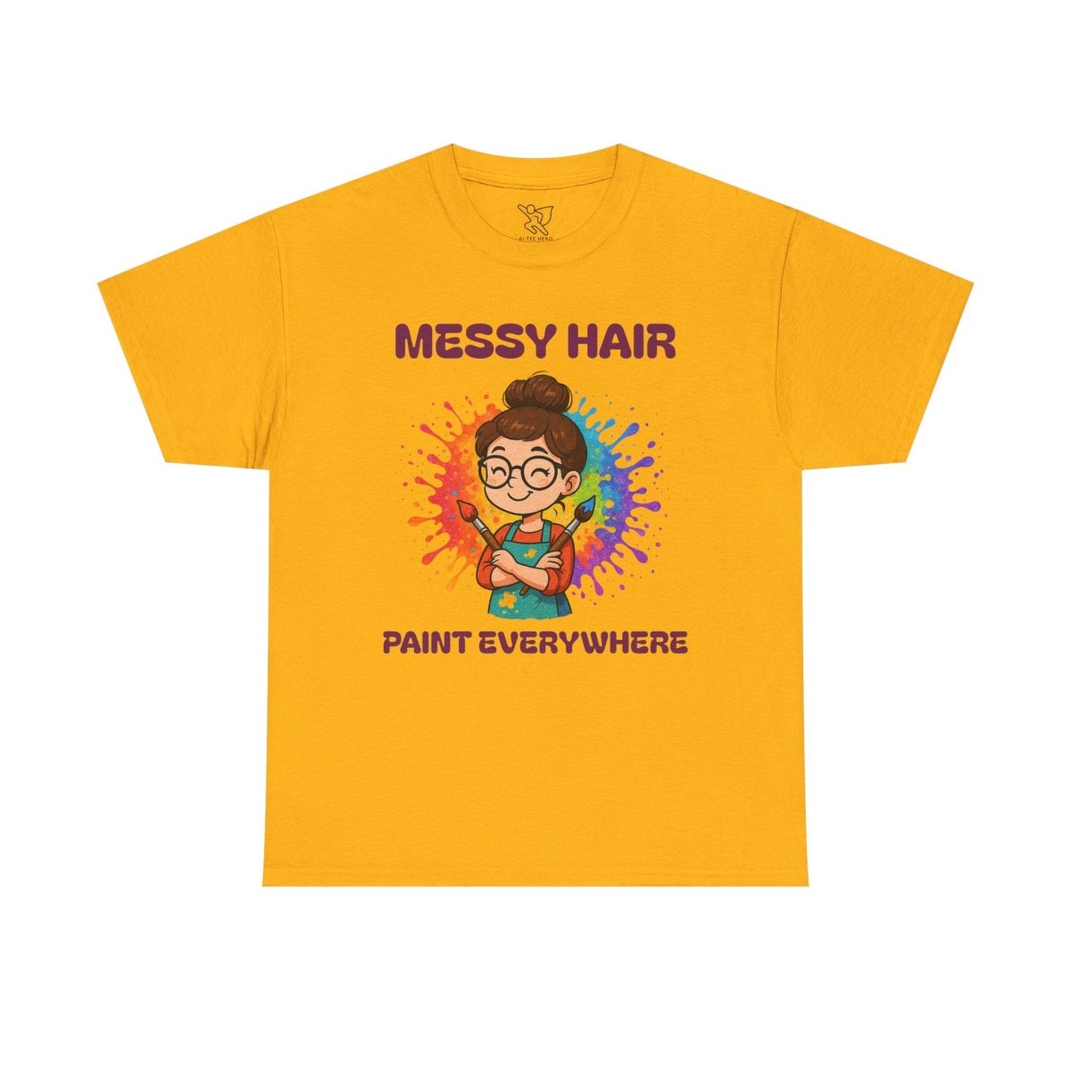 "Messy Hair, Paint Everywhere" Art Teacher Tee, Unisex Heavy Cotton Tee for Creative Souls, Gift for Art Lovers, Casual Wear, Painting Enthusiasts, Everyday Superheroes Teacher Edition MINDSet - AI Tee Hero