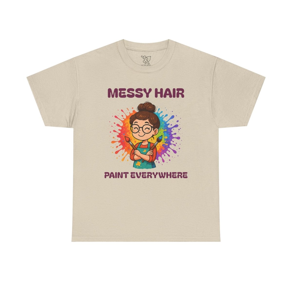 "Messy Hair, Paint Everywhere" Art Teacher Tee, Unisex Heavy Cotton Tee for Creative Souls, Gift for Art Lovers, Casual Wear, Painting Enthusiasts, Everyday Superheroes Teacher Edition MINDSet - AI Tee Hero