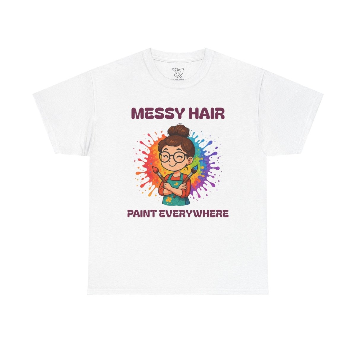 "Messy Hair, Paint Everywhere" Art Teacher Tee, Unisex Heavy Cotton Tee for Creative Souls, Gift for Art Lovers, Casual Wear, Painting Enthusiasts, Everyday Superheroes Teacher Edition MINDSet - AI Tee Hero