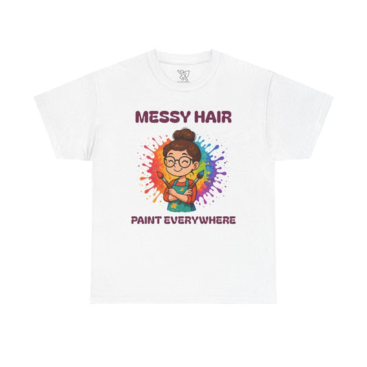"Messy Hair, Paint Everywhere" Art Teacher Tee, Unisex Heavy Cotton Tee for Creative Souls, Gift for Art Lovers, Casual Wear, Painting Enthusiasts, Everyday Superheroes Teacher Edition MINDSet - AI Tee Hero