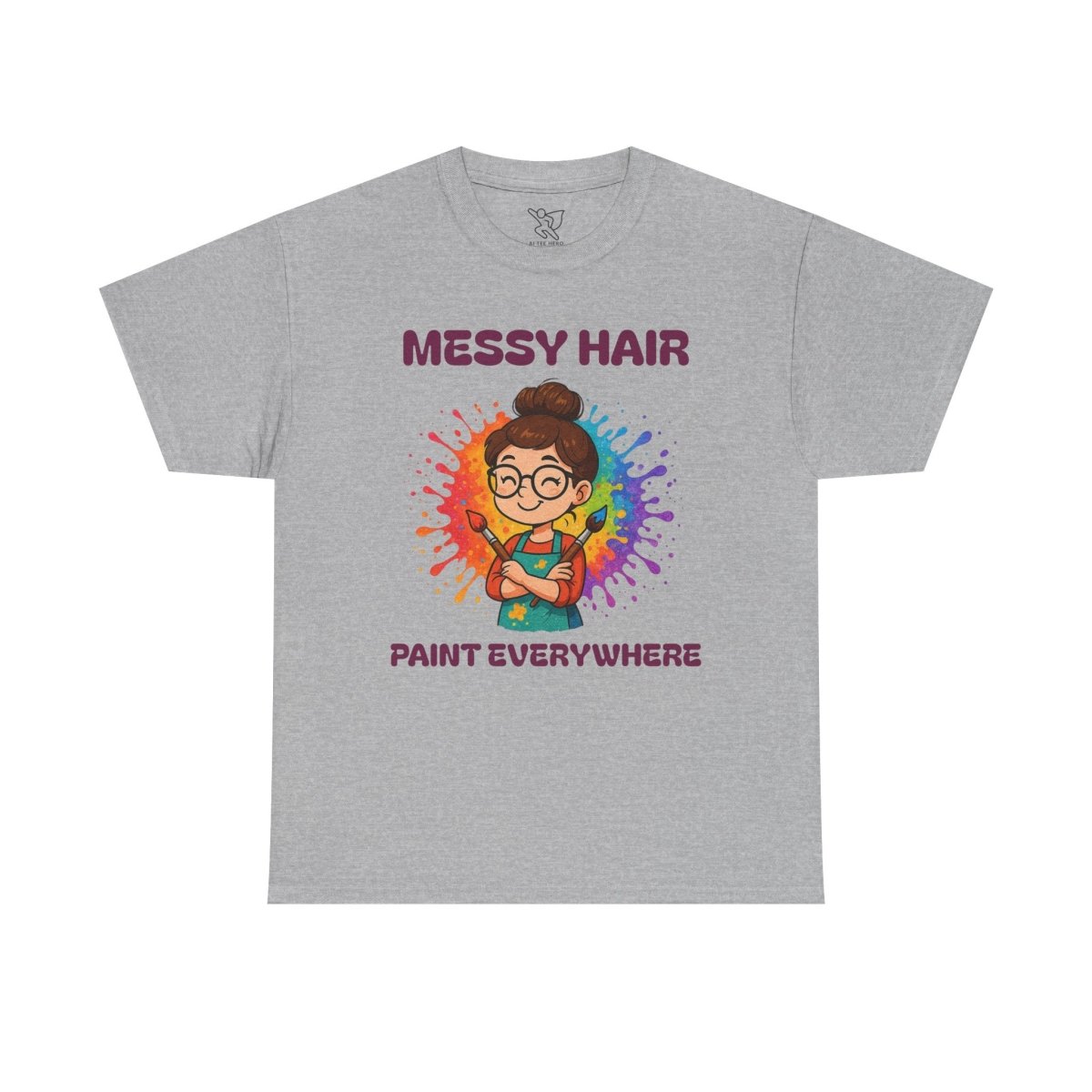 "Messy Hair, Paint Everywhere" Art Teacher Tee, Unisex Heavy Cotton Tee for Creative Souls, Gift for Art Lovers, Casual Wear, Painting Enthusiasts, Everyday Superheroes Teacher Edition MINDSet - AI Tee Hero
