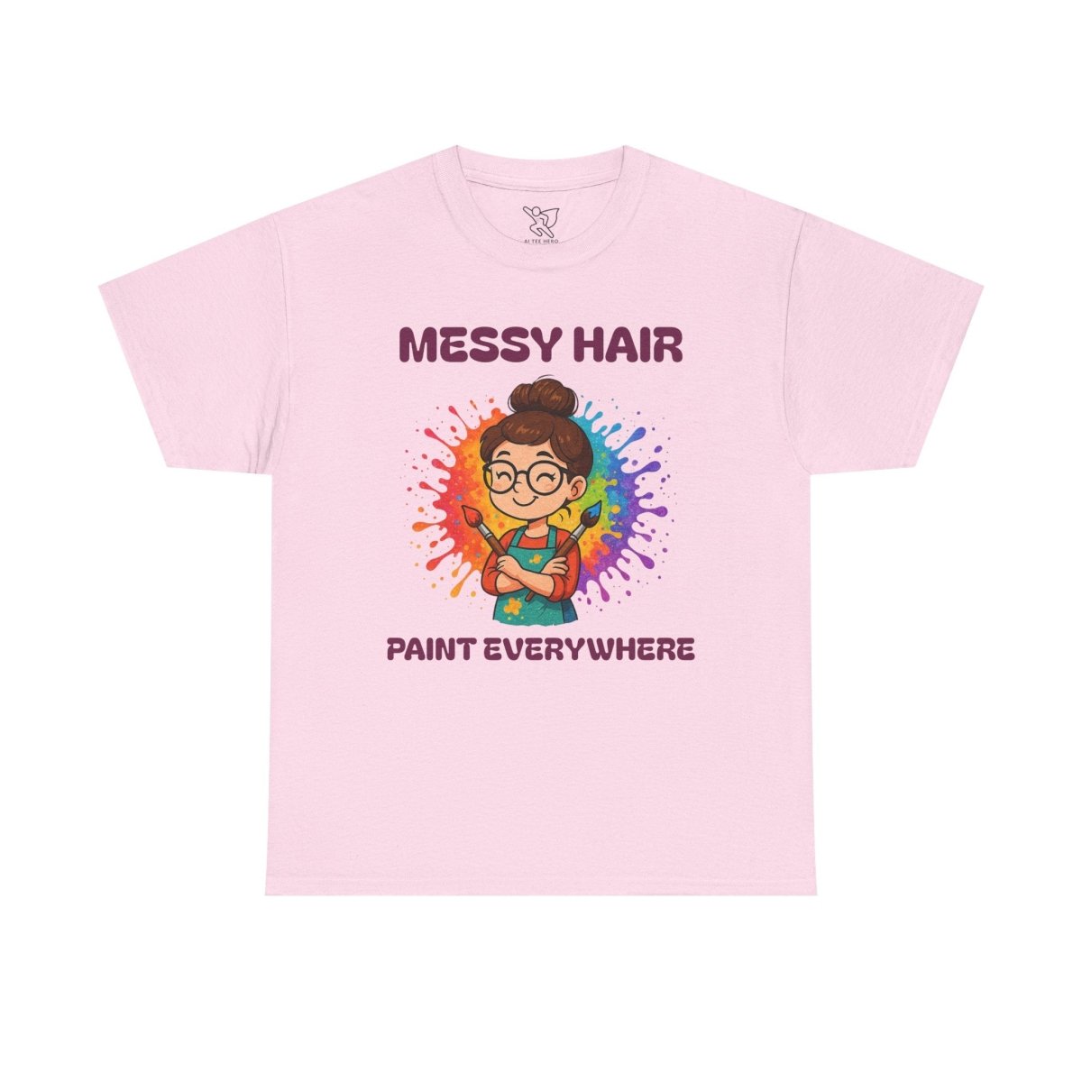"Messy Hair, Paint Everywhere" Art Teacher Tee, Unisex Heavy Cotton Tee for Creative Souls, Gift for Art Lovers, Casual Wear, Painting Enthusiasts, Everyday Superheroes Teacher Edition MINDSet - AI Tee Hero