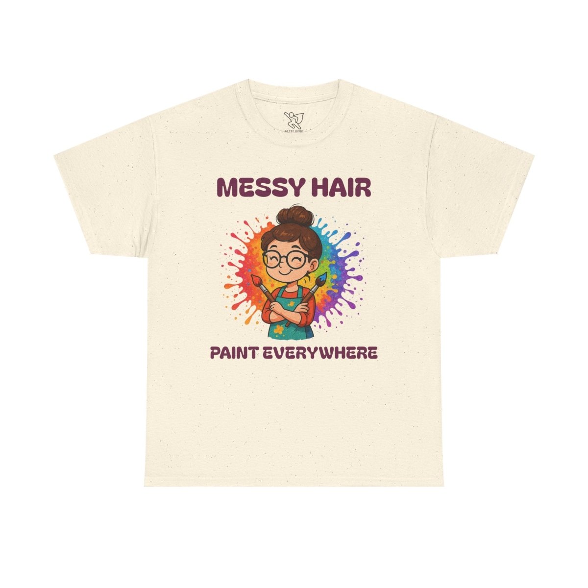 "Messy Hair, Paint Everywhere" Art Teacher Tee, Unisex Heavy Cotton Tee for Creative Souls, Gift for Art Lovers, Casual Wear, Painting Enthusiasts, Everyday Superheroes Teacher Edition MINDSet - AI Tee Hero