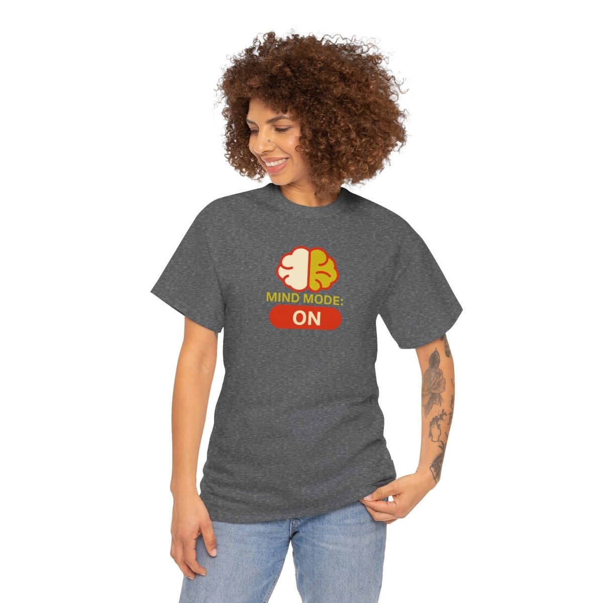 "Mind Mode: ON" Unisex Heavy Cotton Tee, Casual Shirt, Gift for Students, Motivational Apparel, Unique Graphic Tee CW - 1 Yellow Orange - AI Tee Hero