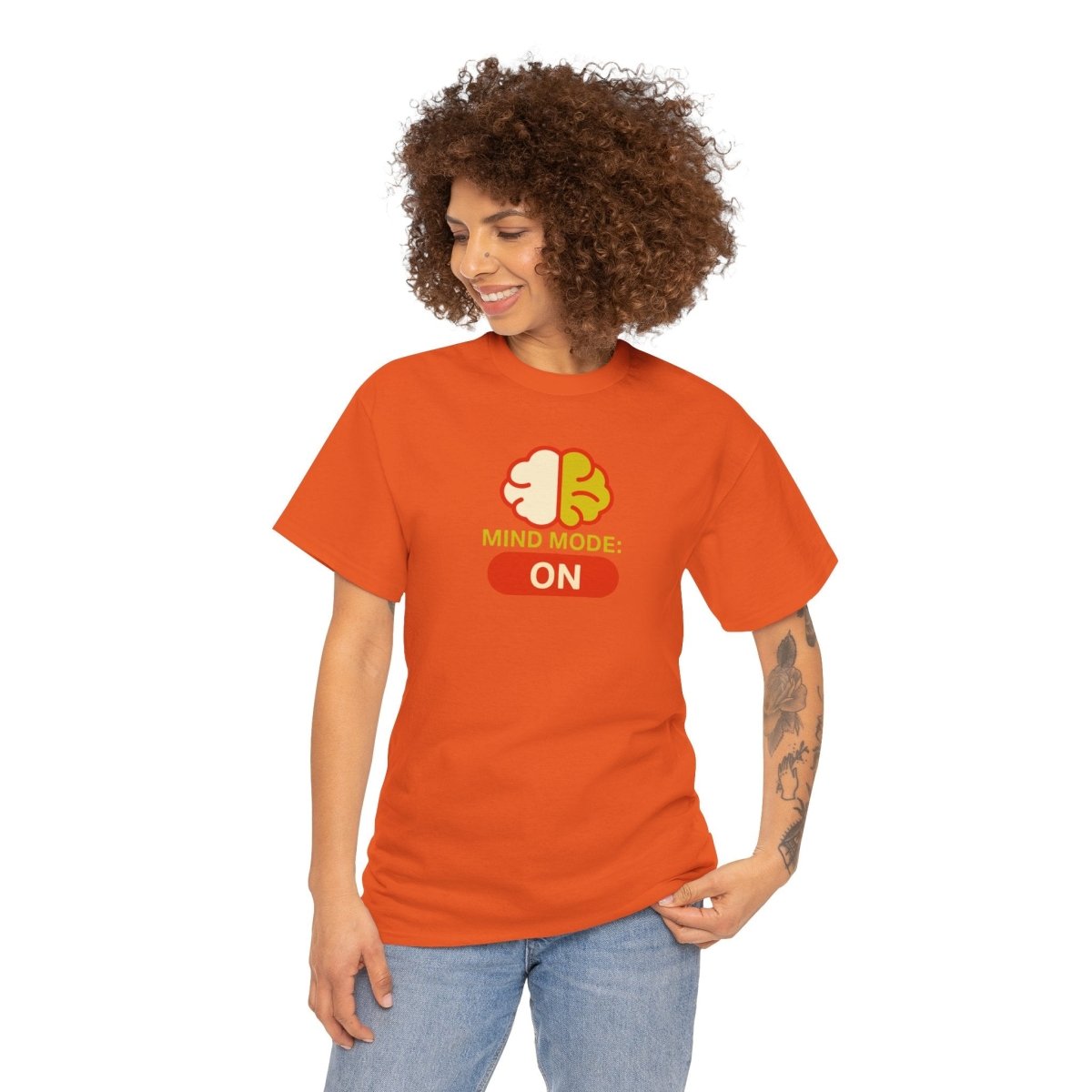 "Mind Mode: ON" Unisex Heavy Cotton Tee, Casual Shirt, Gift for Students, Motivational Apparel, Unique Graphic Tee CW - 1 Yellow Orange - AI Tee Hero