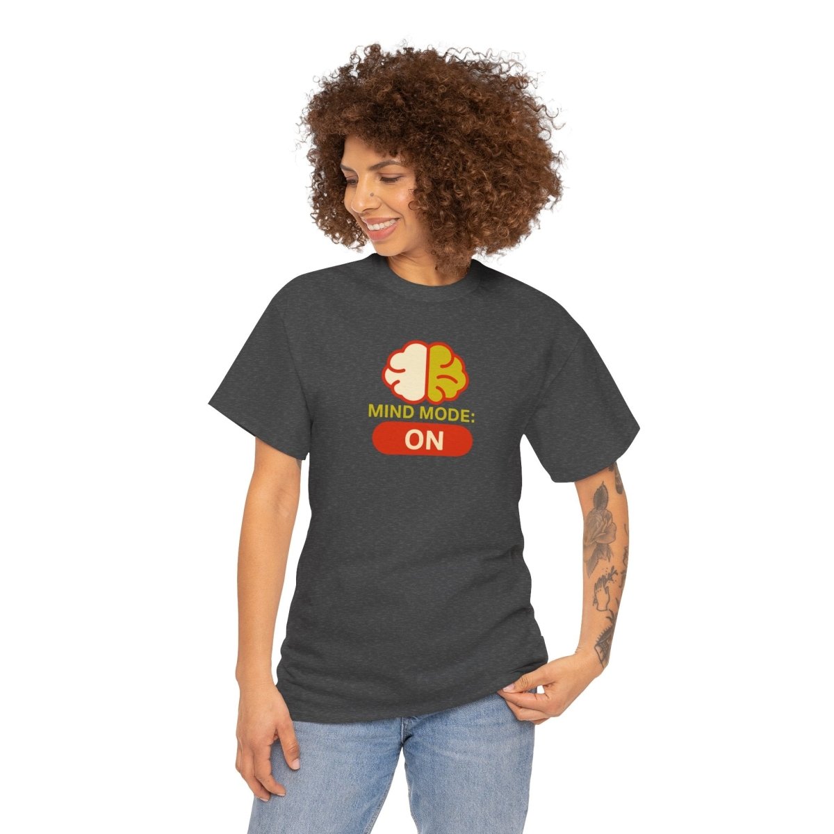 "Mind Mode: ON" Unisex Heavy Cotton Tee, Casual Shirt, Gift for Students, Motivational Apparel, Unique Graphic Tee CW - 1 Yellow Orange - AI Tee Hero