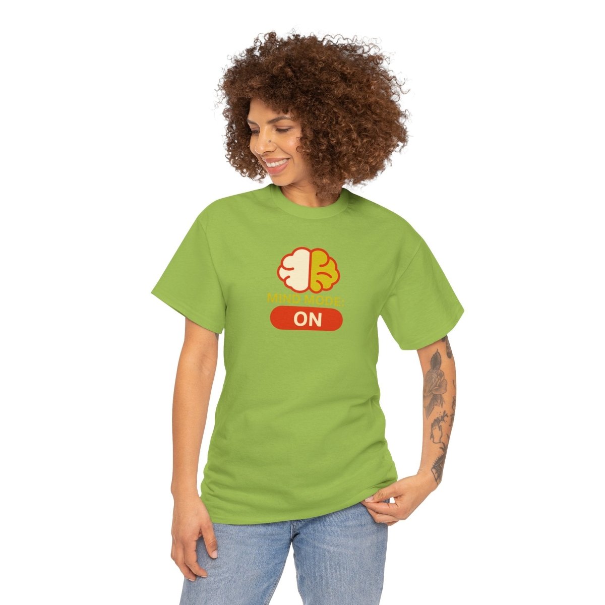 "Mind Mode: ON" Unisex Heavy Cotton Tee, Casual Shirt, Gift for Students, Motivational Apparel, Unique Graphic Tee CW - 1 Yellow Orange - AI Tee Hero