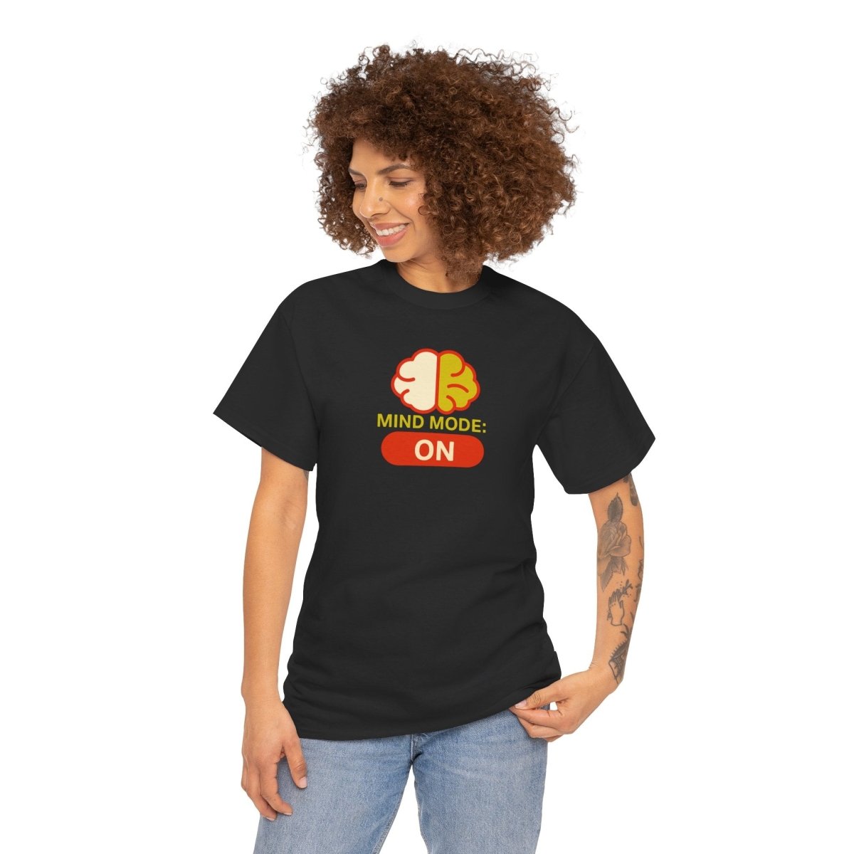 "Mind Mode: ON" Unisex Heavy Cotton Tee, Casual Shirt, Gift for Students, Motivational Apparel, Unique Graphic Tee CW - 1 Yellow Orange - AI Tee Hero