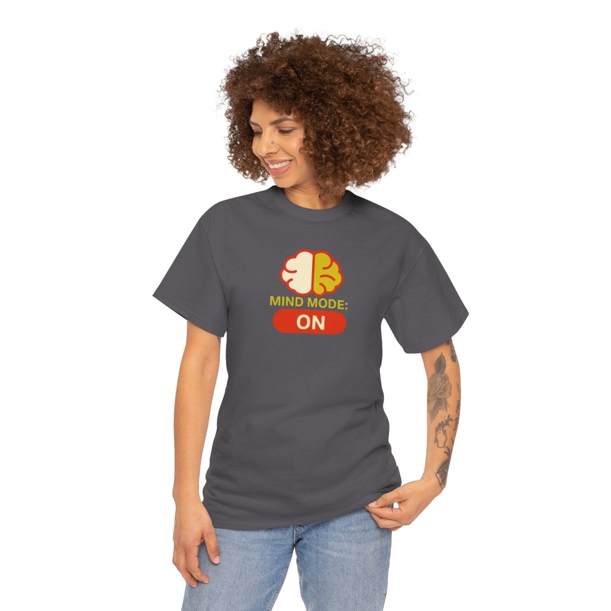 "Mind Mode: ON" Unisex Heavy Cotton Tee, Casual Shirt, Gift for Students, Motivational Apparel, Unique Graphic Tee CW - 1 Yellow Orange - AI Tee Hero