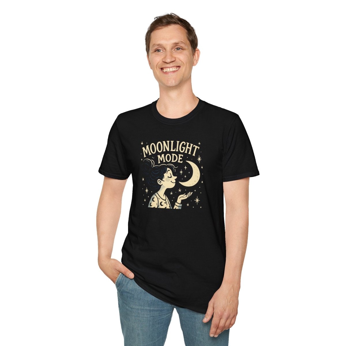 "Moonlight Mode" Unisex T-Shirt - Softstyle, Celestial Apparel, Gift for Dreamers, Astrology Lovers, Casual Wear - MINDSet Collection - AI Tee Hero