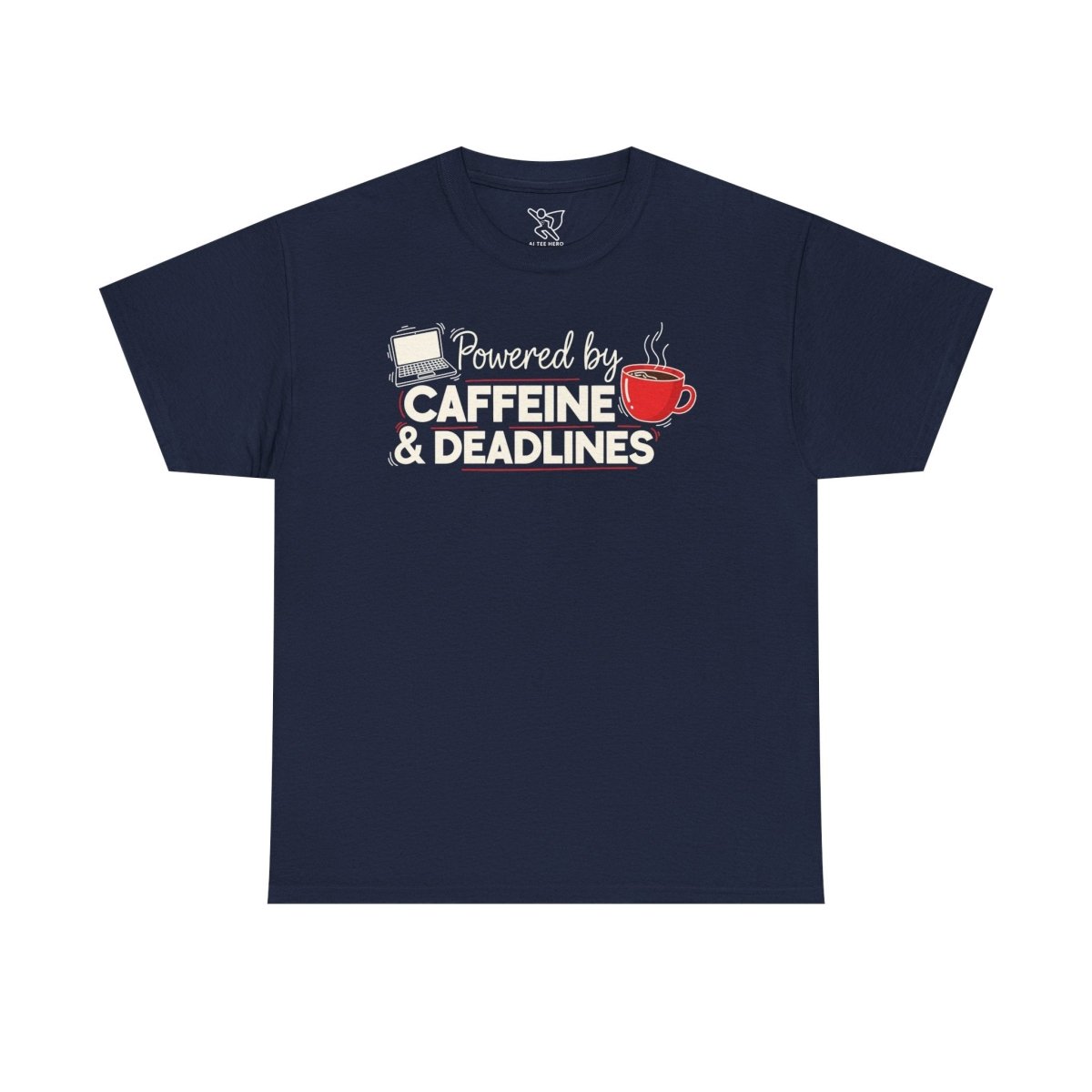 "Powered by Caffeine and Deadlines" Unisex Heavy Cotton Tee - Perfect Gift for Coffee Lovers, Writers, and Students, Casual Wear, Fun Graphic Tee - AI Tee Hero
